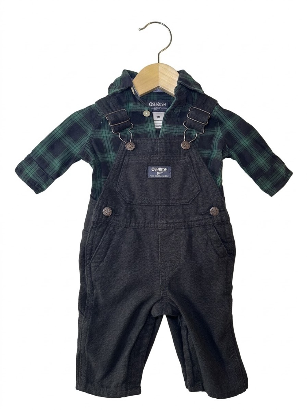 OshKosh Bgosh Baby Boy Black Twill Overalls Green Plaid Bodysuit Set 3M